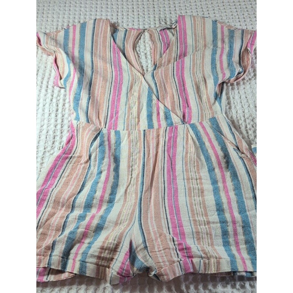 Lush Linen Blend Multicolor Striped V-Neck Romper Size S